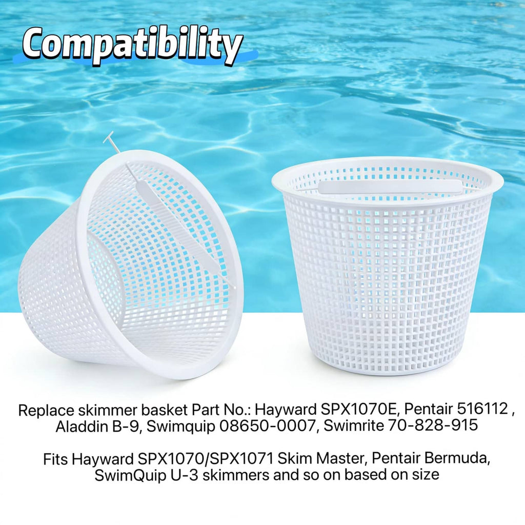 Pair of white pool skimmer baskets with handles, round perforated mesh for inground pools