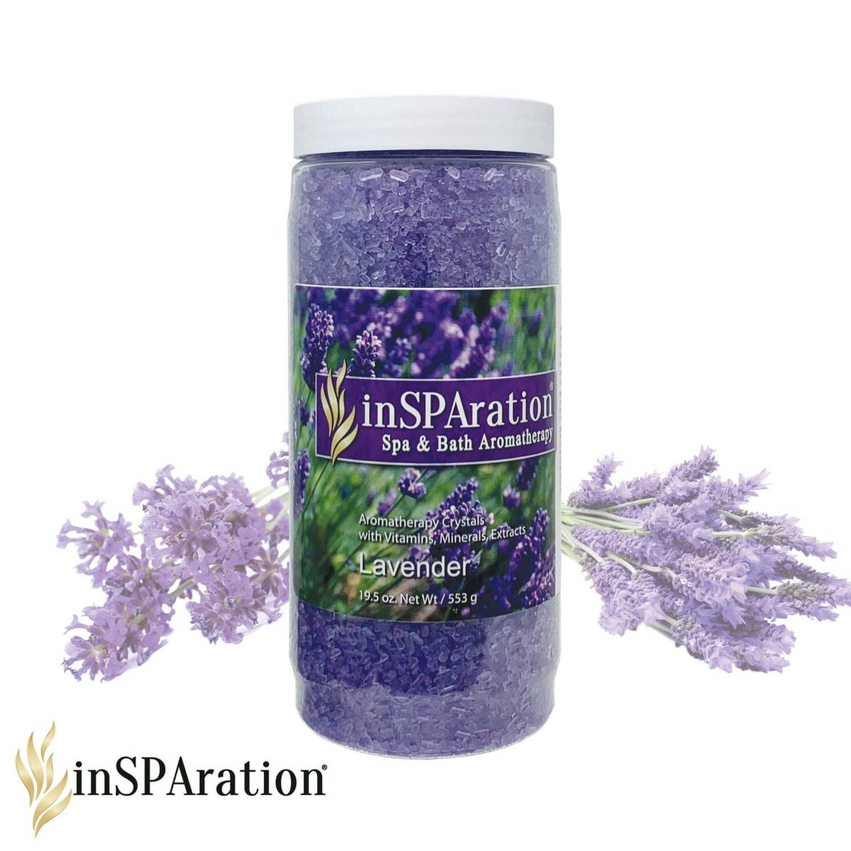 Lavender aromatherapy crystal jar with purple granules, shown with scattered lilac buds