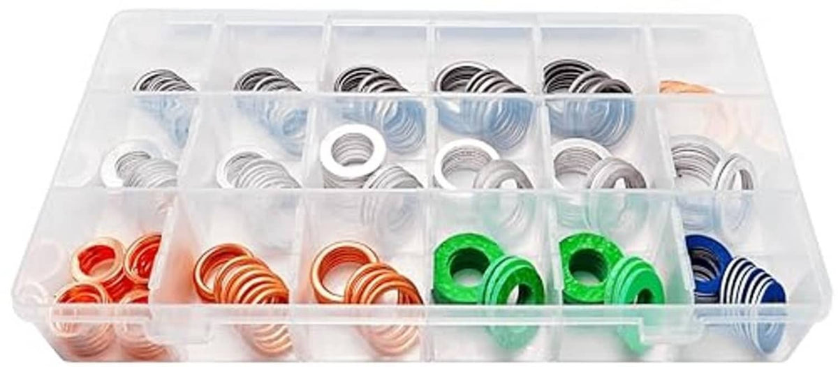 Oil drain plug gasket washer assortment kit, clear case with orange, green, and blue rings