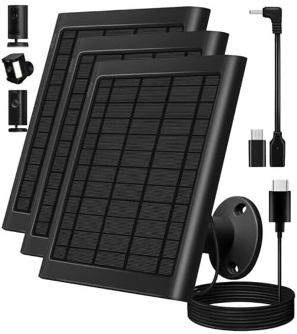 Foldable black solar panel charger with cable bundle and mounting base, front view