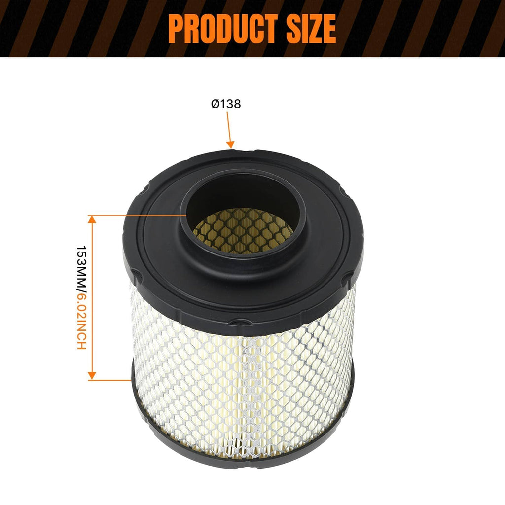 Cylindrical air filter with white pleated paper media, black housing, and center inlet