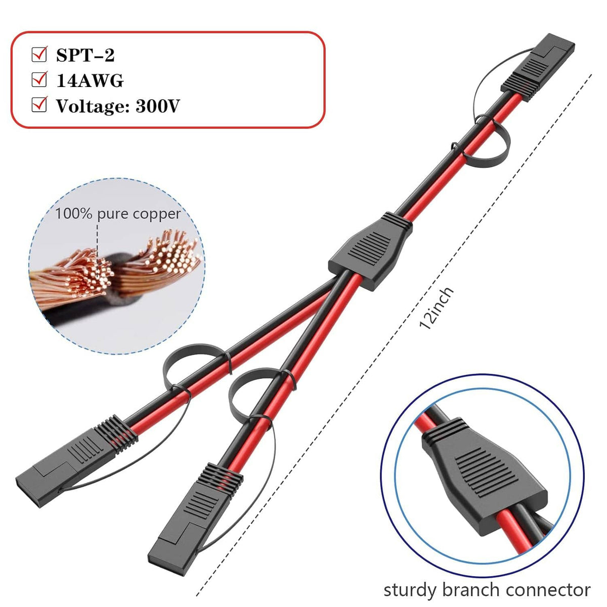 1-to-2 SAE splitter cable, red and black 12-inch lead with inline black connectors