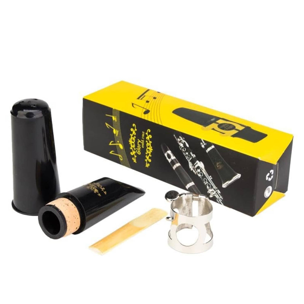 Clarinet mouthpiece kit with black mouthpiece, cork reed, silver ligature, and yellow box