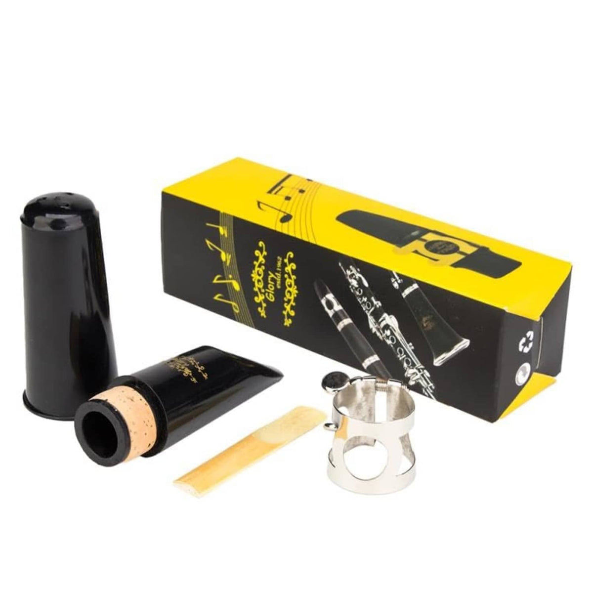 Clarinet mouthpiece kit with black mouthpiece, cork reed, silver ligature, and yellow box