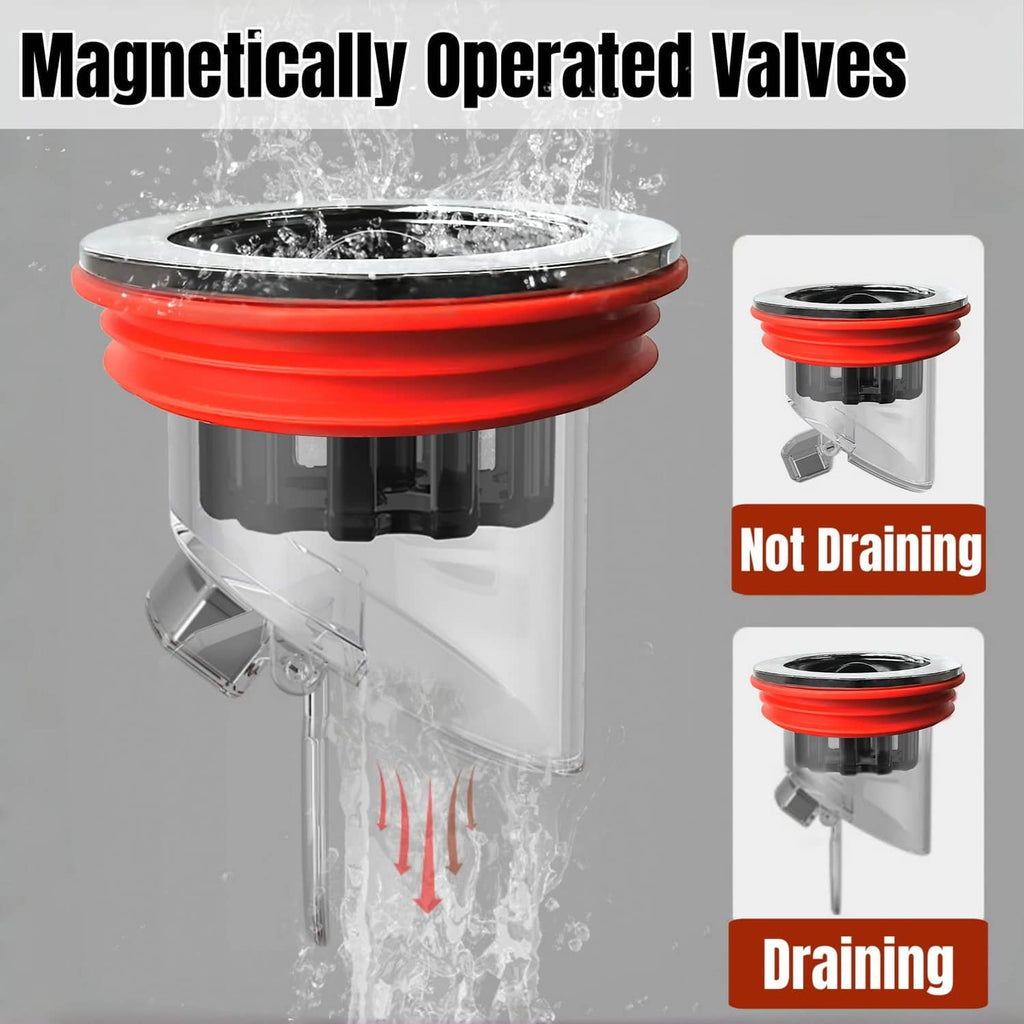 Red and chrome odor-block floor drain with hinged side outlet and black valve top