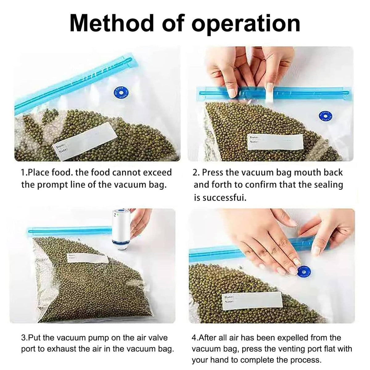 Vacuum sealer bags with blue zip strip, step-by-step sealing with pump and food grains