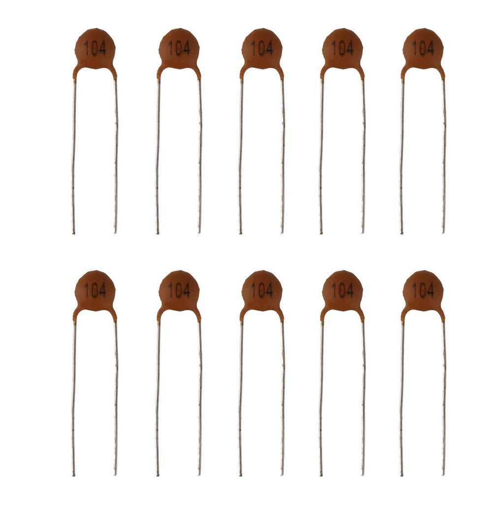 Ten ceramic capacitors with 104 code marking and brown top caps, radial leads