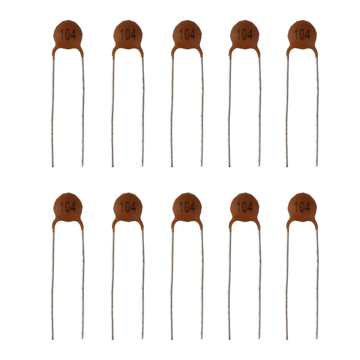 Ten ceramic capacitors with 104 code marking and brown top caps, radial leads