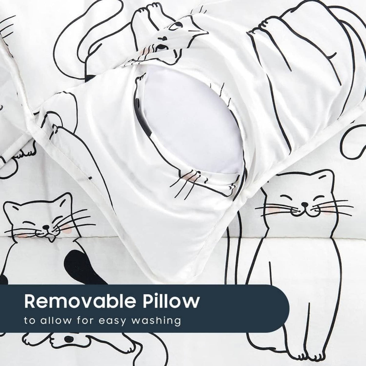 Toddler nap mat with removable pillow section and black-and-white cat print