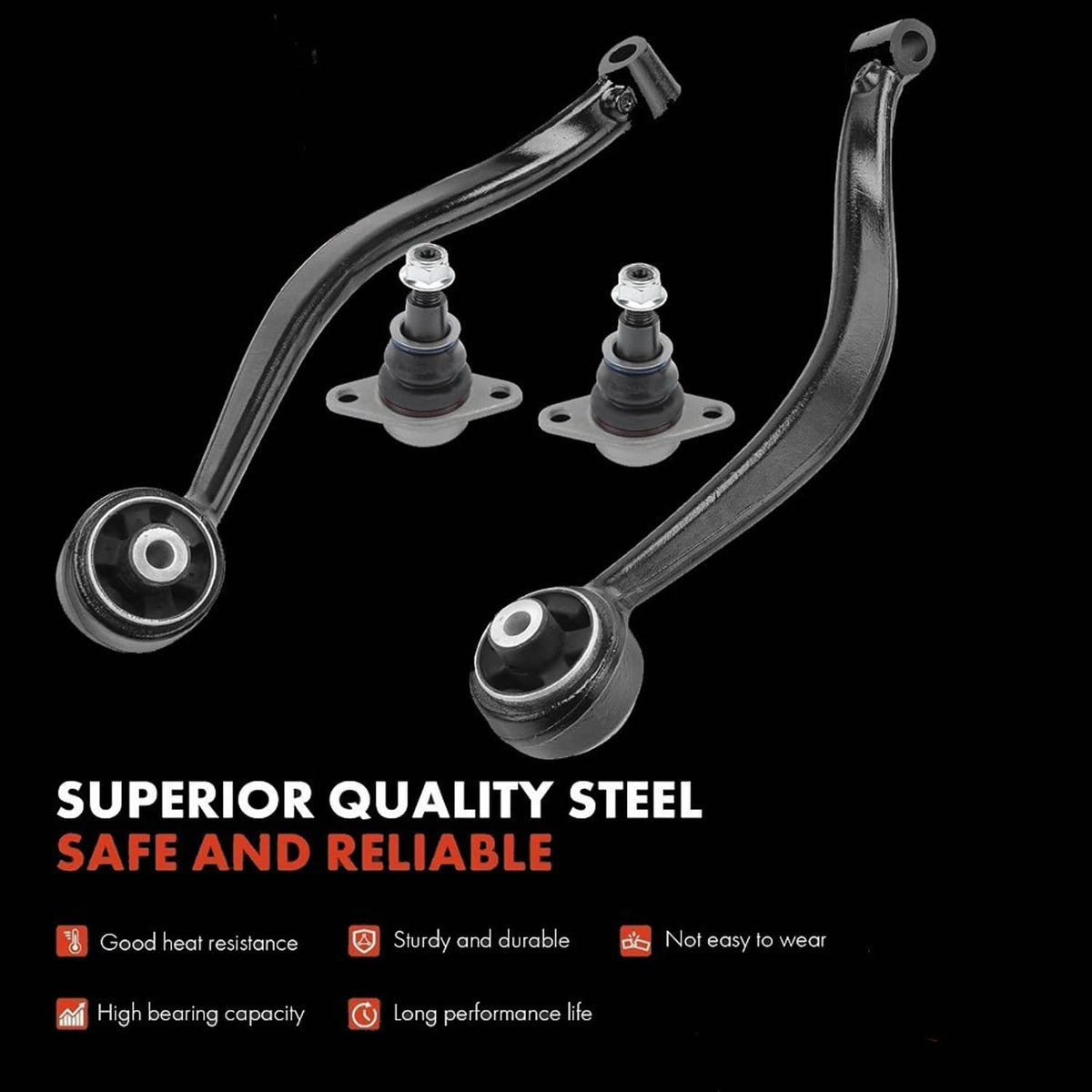 Front suspension control arms and ball joint assemblies, black steel and rubber boots