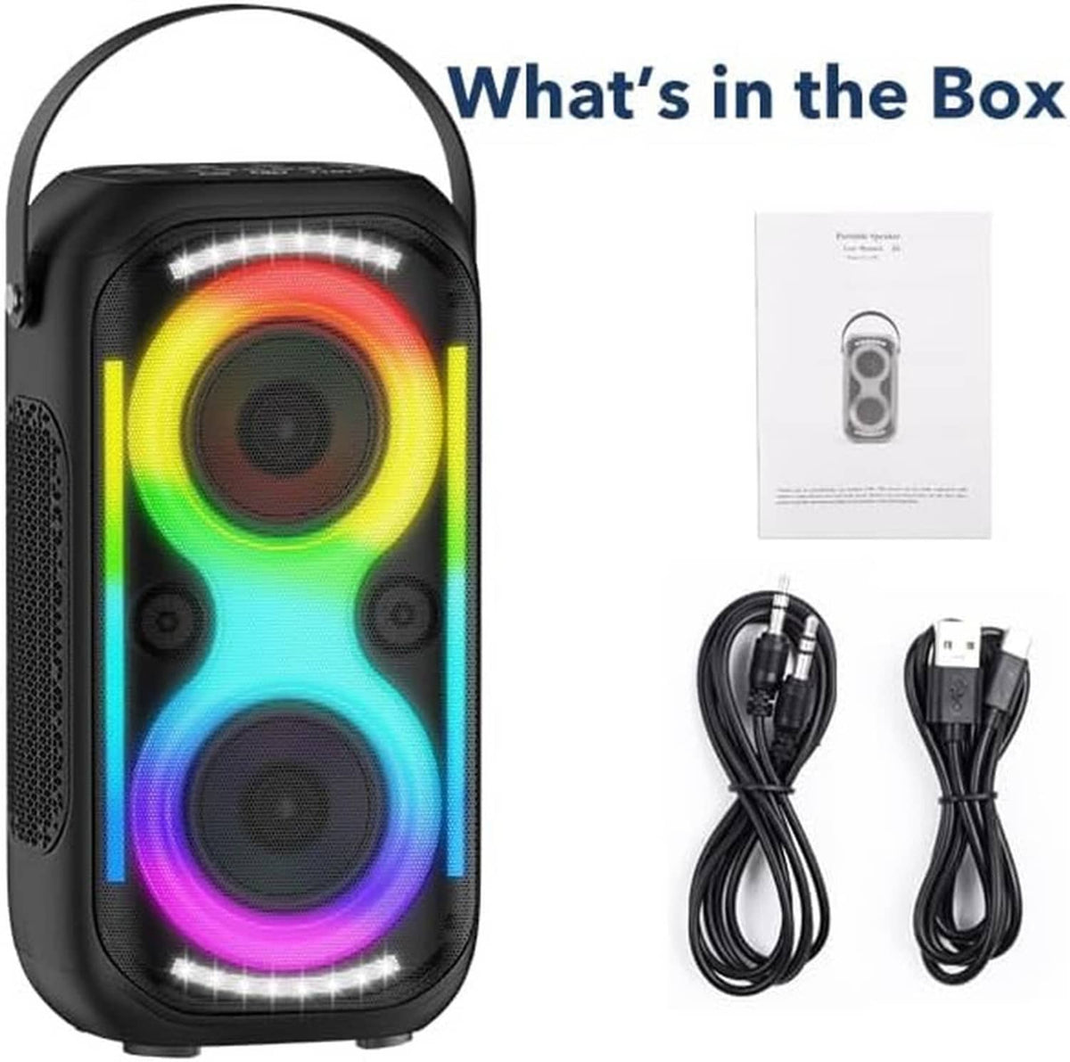 Bluetooth speaker bundle: black RGB speaker with handle, plus cables and manual