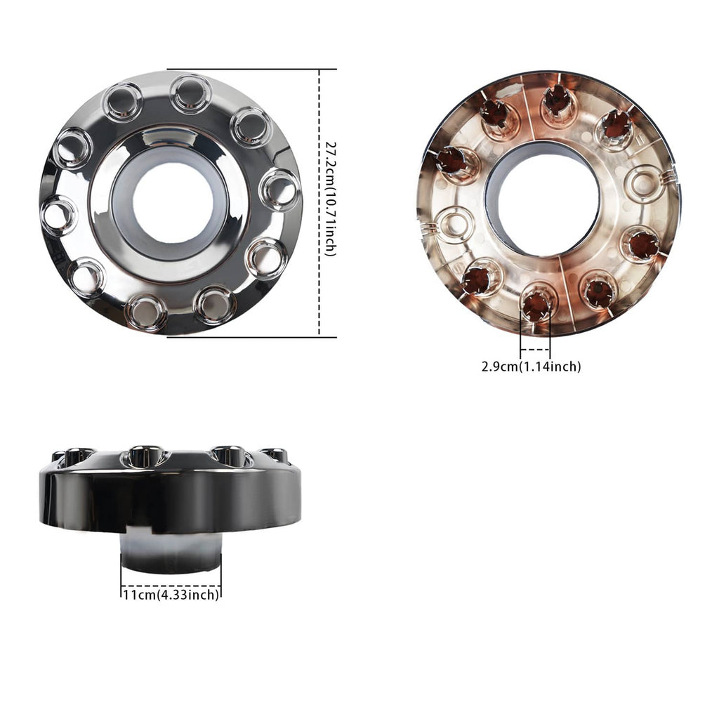Chrome wheel hub center cap shown with front and inner back plate