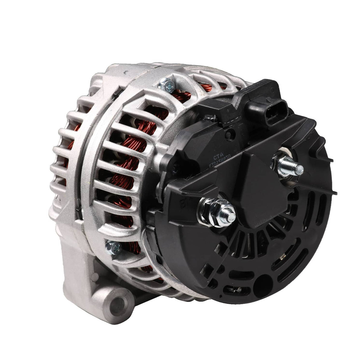 Engine alternator side view with black electrical housing and mounting brackets