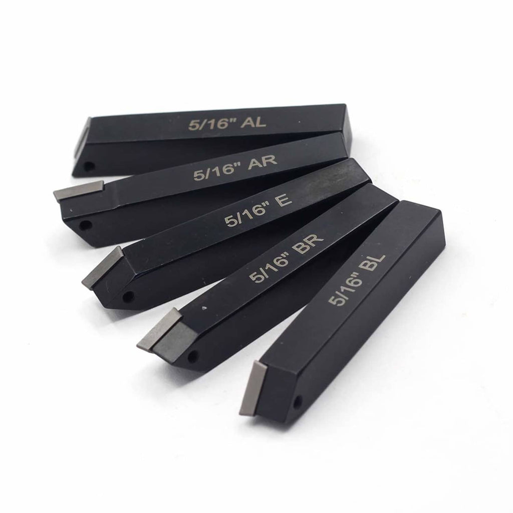 Five black 5/16-inch lathe tool holders with side markings (AL, AR, E, BR, BL)