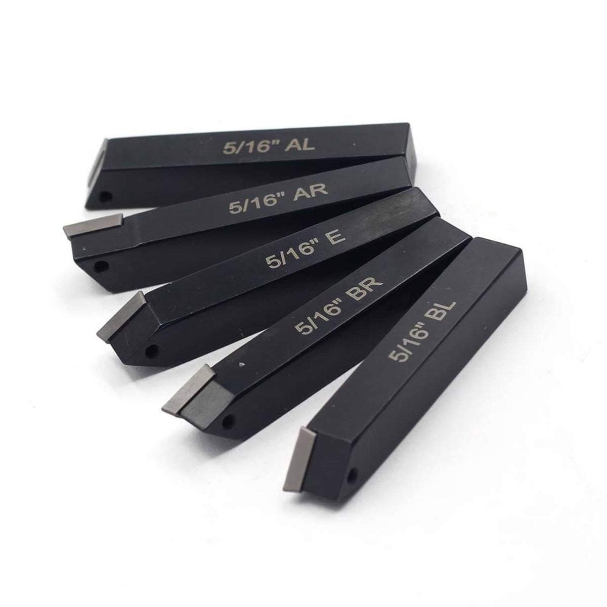 Five black 5/16-inch lathe tool holders with side markings (AL, AR, E, BR, BL)