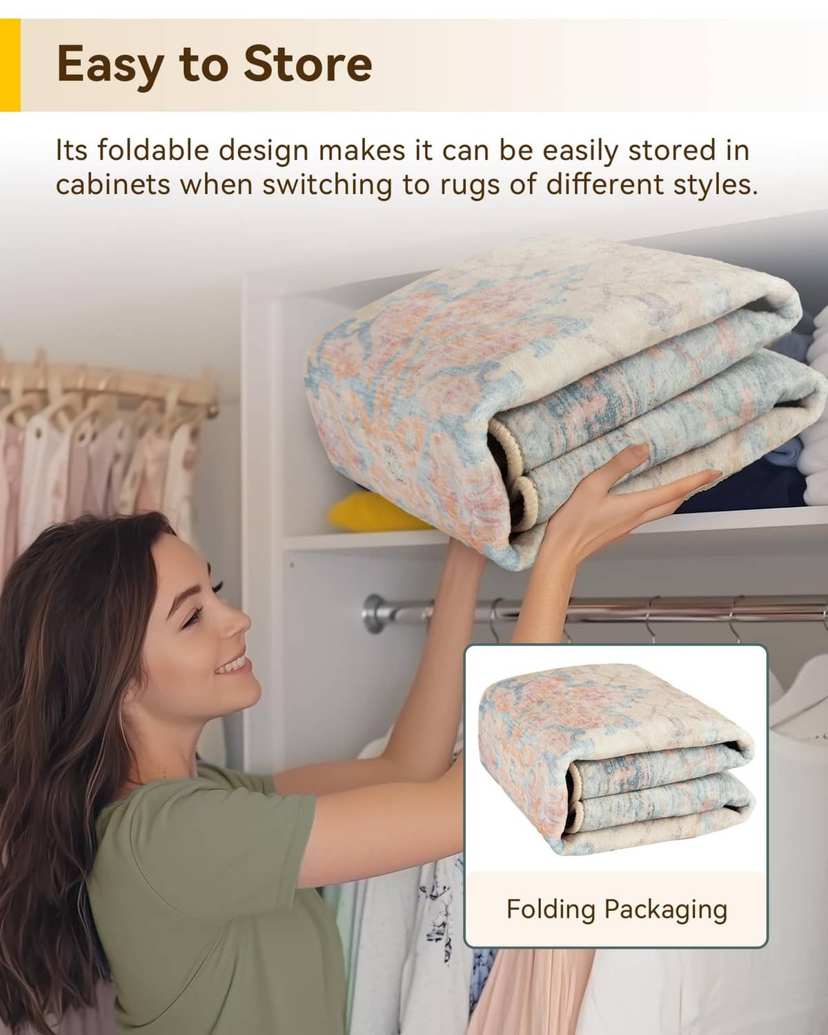 Round washable area rug folded for easy storage feature graphic