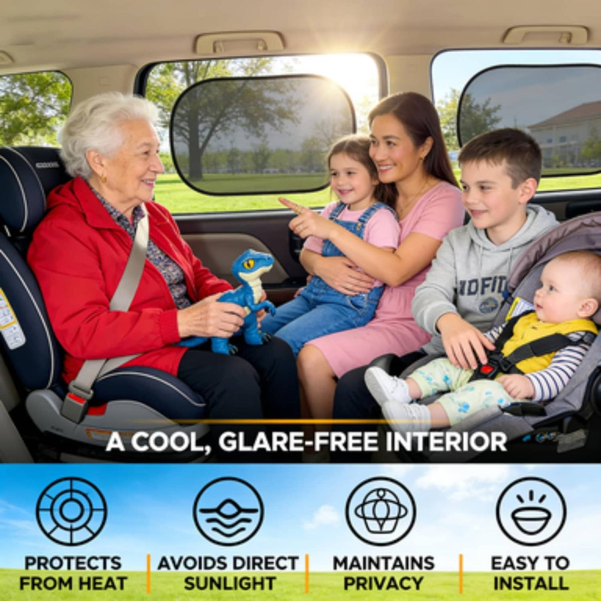 Black static-cling sun shade covering a car side window, oval curved shape.