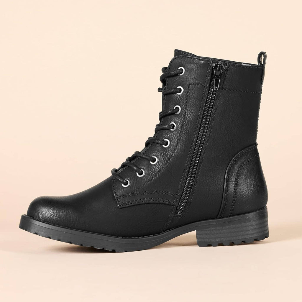 Black lace-up combat boot with side zipper and chunky lug sole