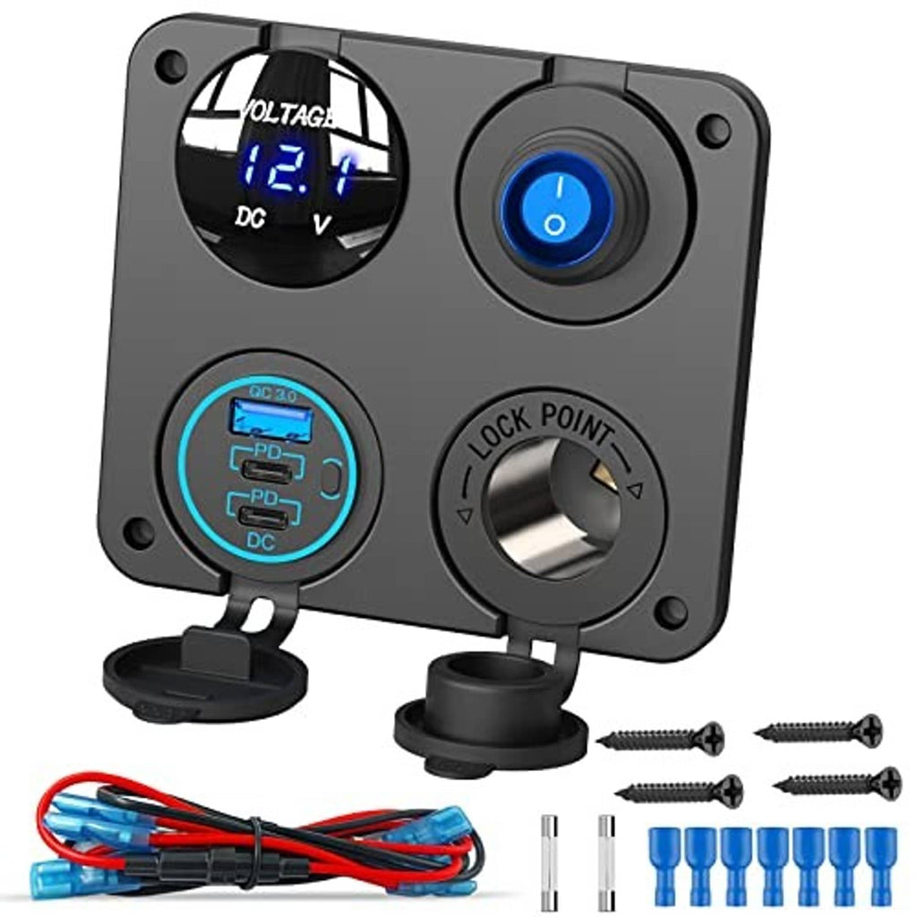 Car 12V USB charger panel front view with blue-lit buttons, ports, and included parts