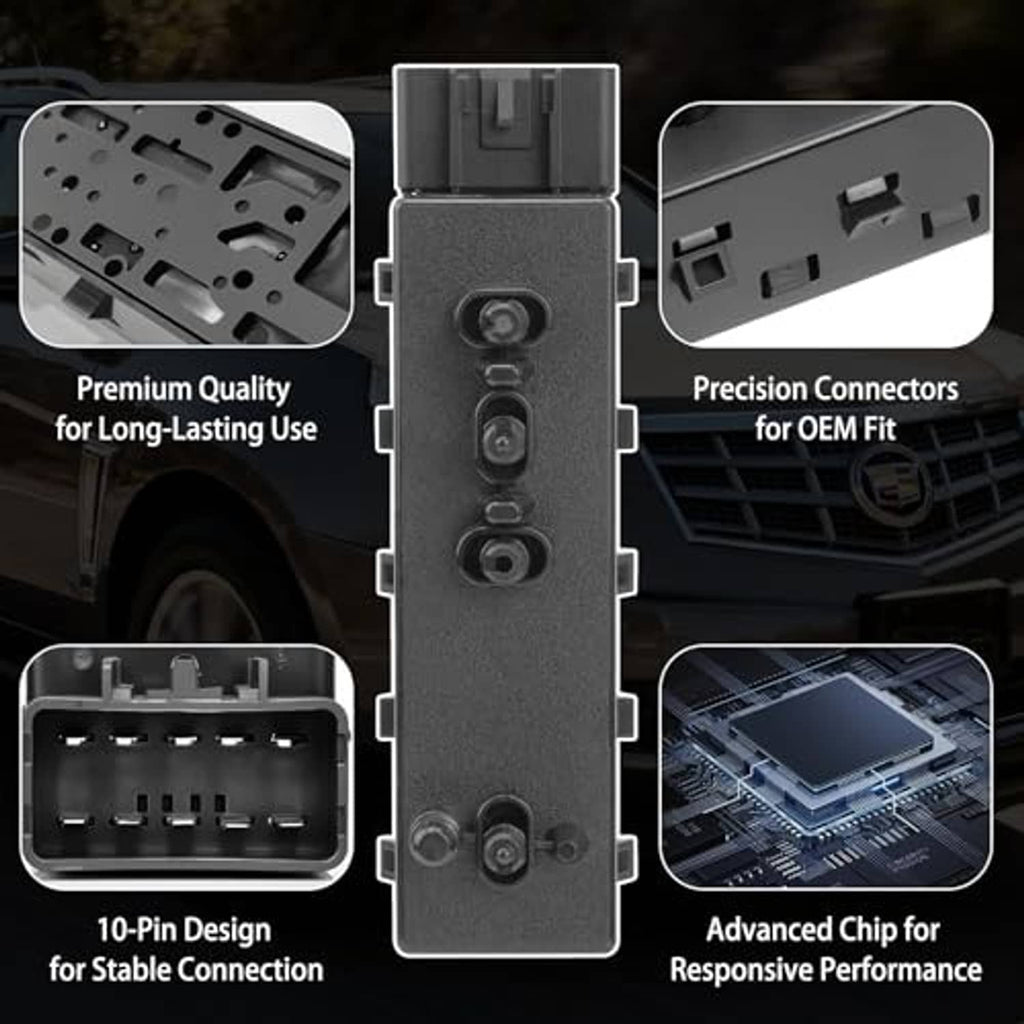 Power seat switch module with 10-pin connector and three control buttons, dark gray.