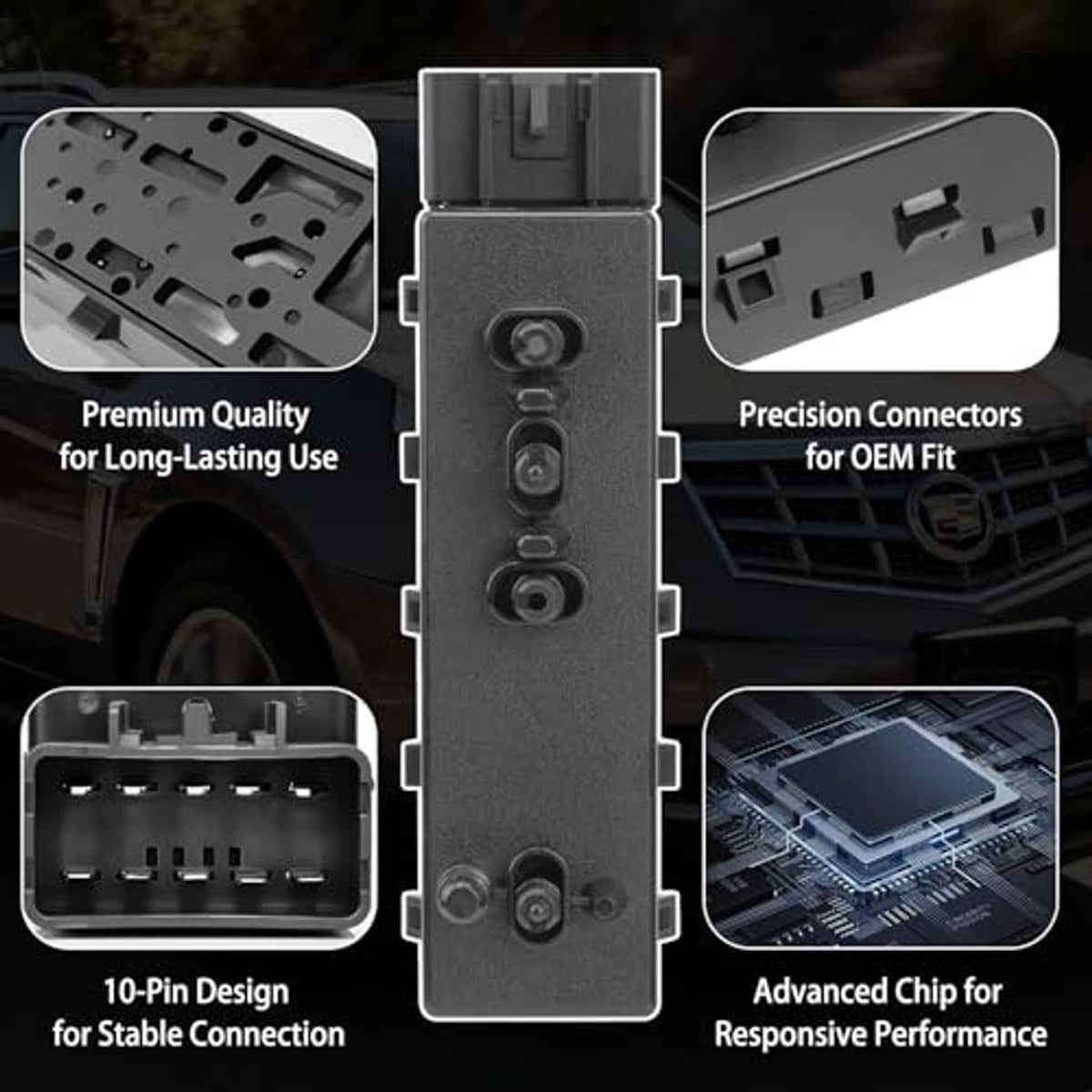 Power seat switch module with 10-pin connector and three control buttons, dark gray.
