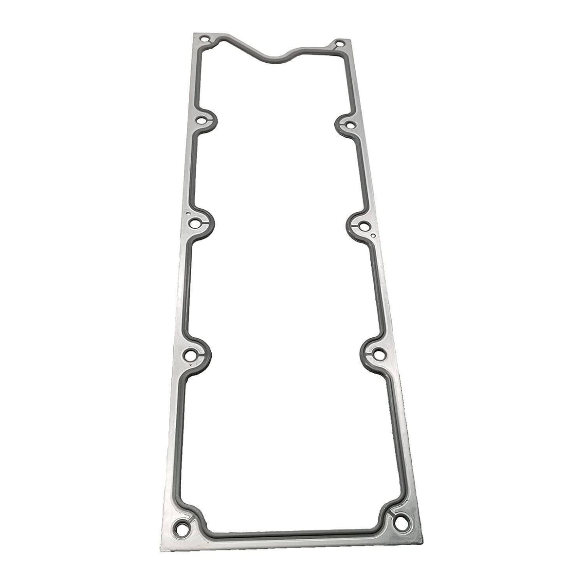 Rectangular metal gasket cover with four-corner bolt holes and inner sealing opening