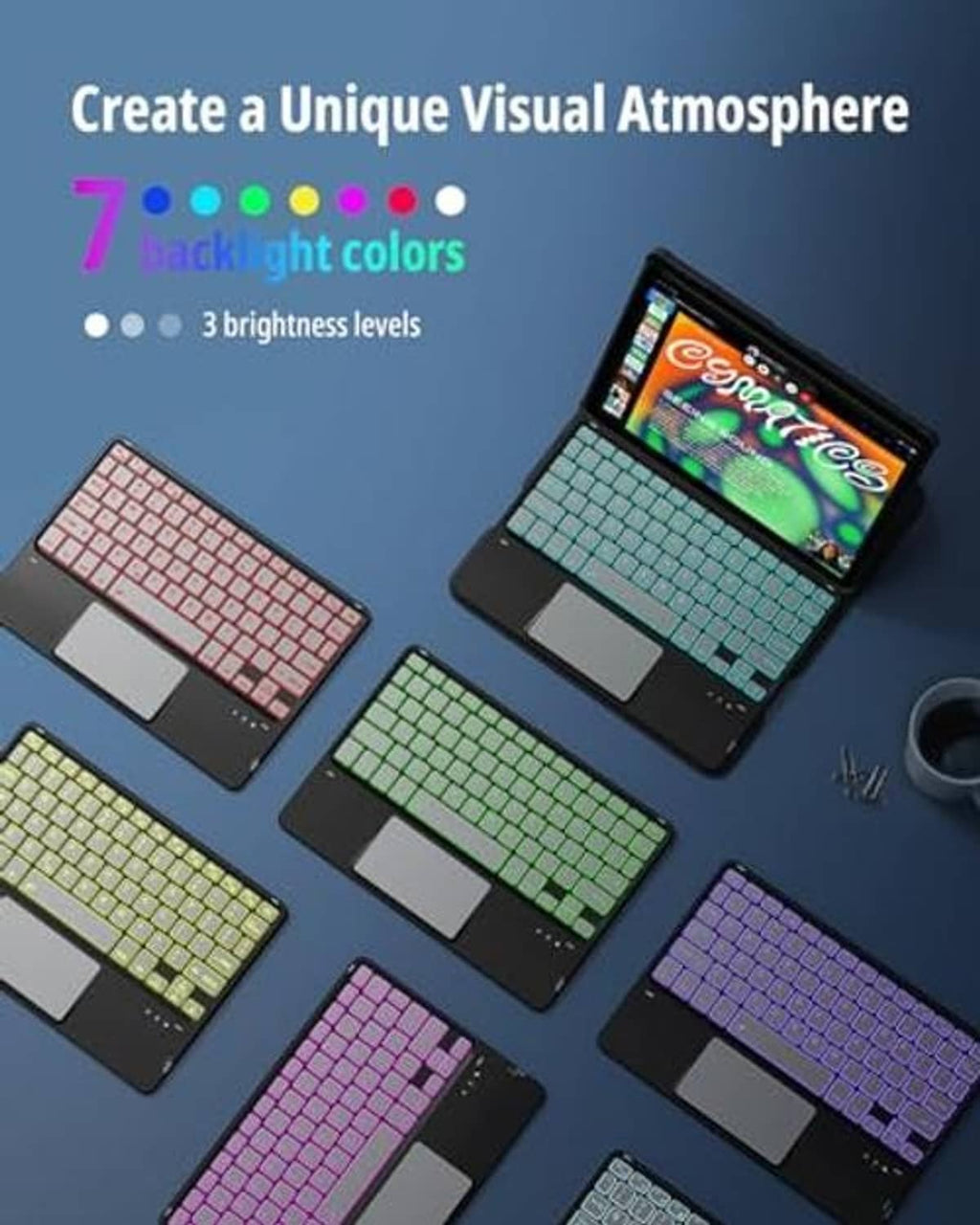 Tablet keyboard case showing multiple backlight colors on the keys