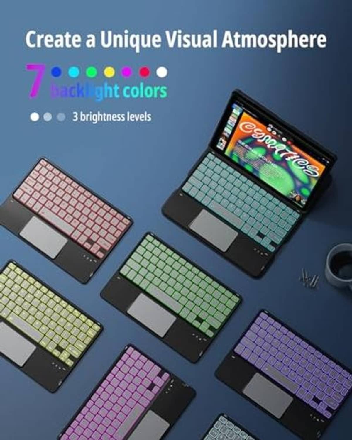 Tablet keyboard case showing multiple backlight colors on the keys