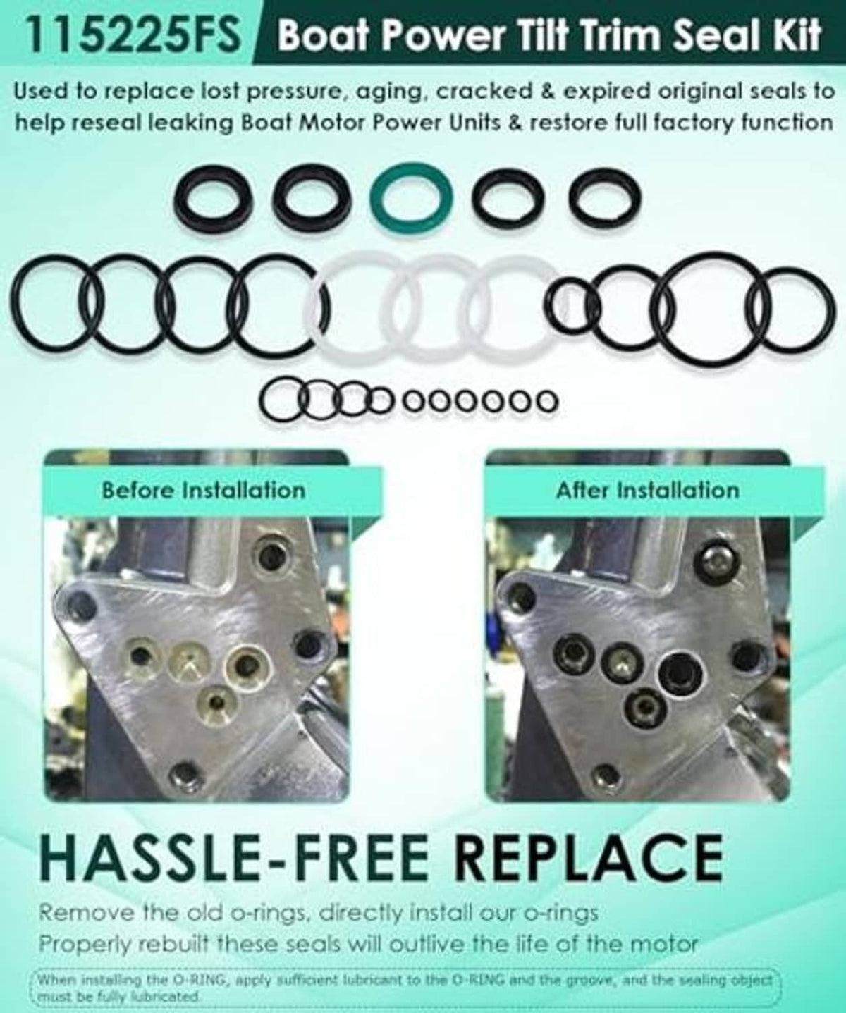 Tilt trim seal kit with black and white O-rings for outboard motor