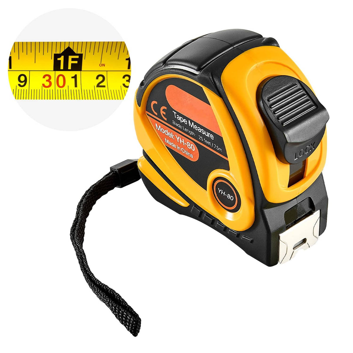 Retractable tape measure with yellow case, black accents, and extended measuring tape.