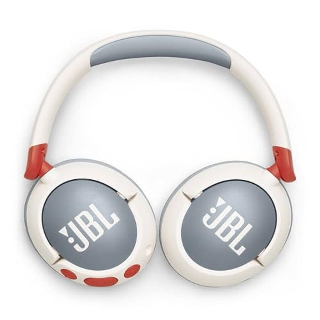 Front view of white over-ear kids headphones with gray JBL earcups and orange accents.