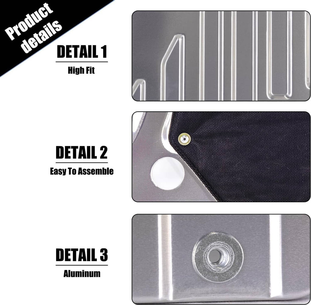 Engine splash guard details: high-fit edges, black pad mounting, metal fastener area