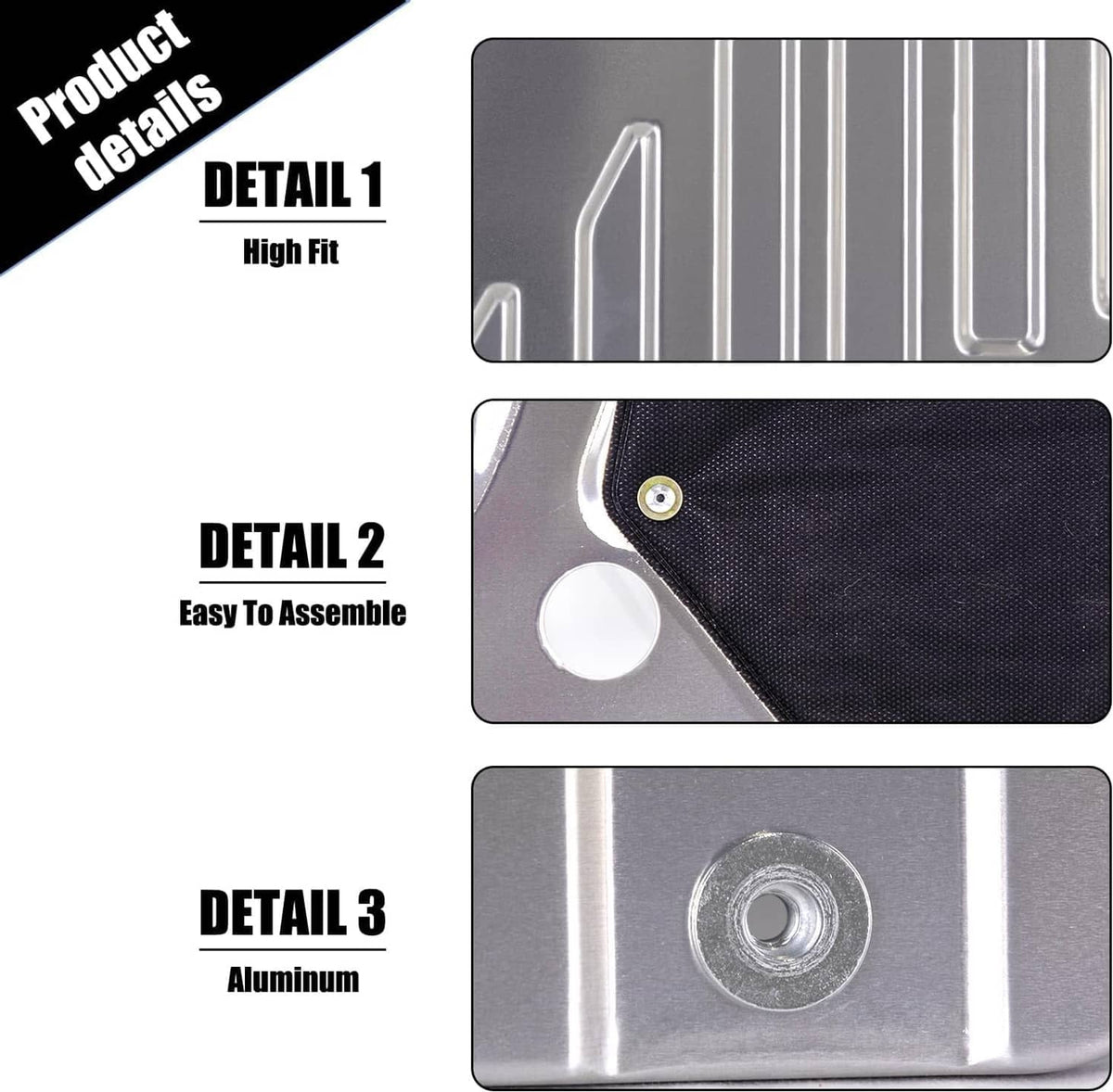 Engine splash guard details: high-fit edges, black pad mounting, metal fastener area