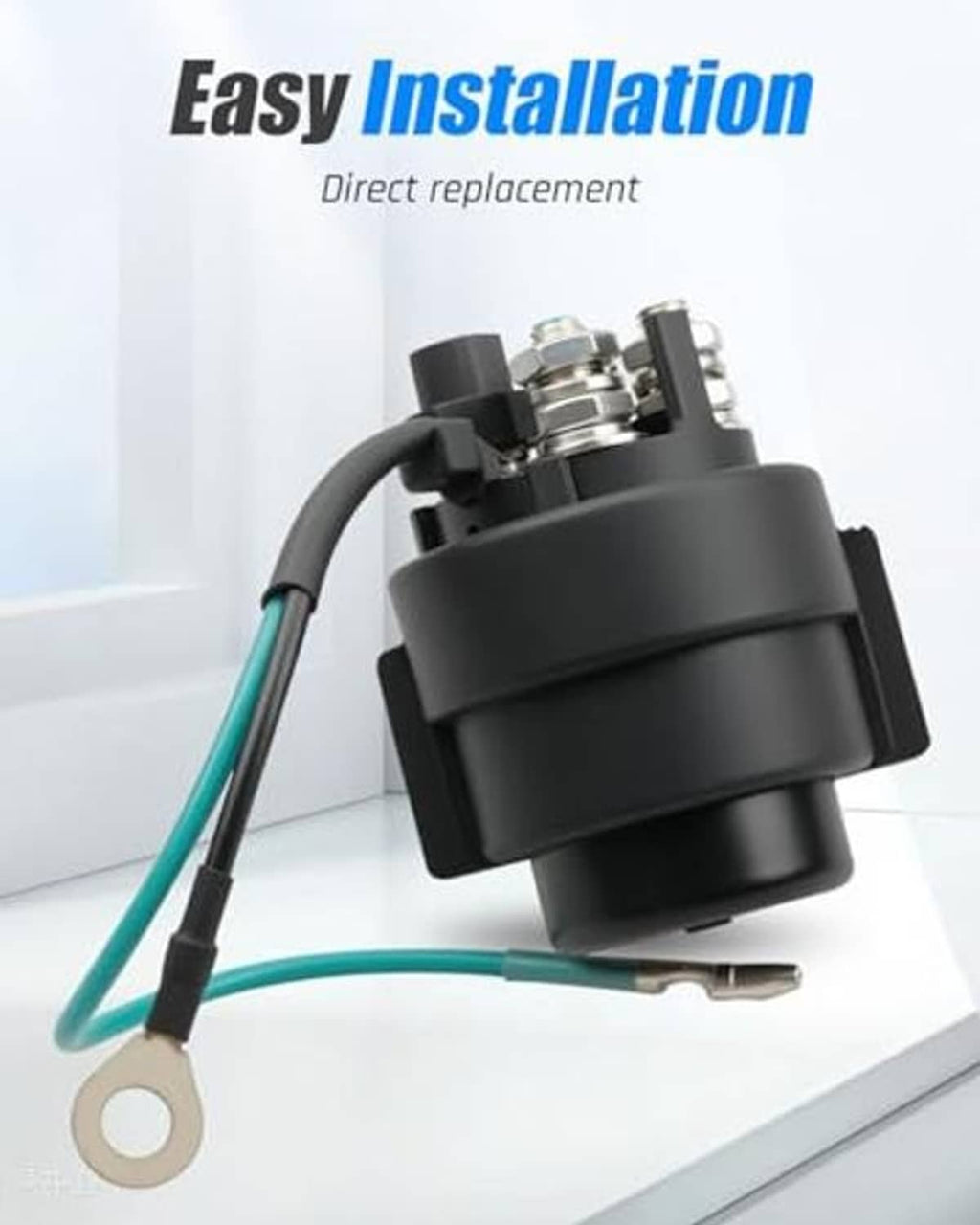 Marine tilt relay with black casing, green/blue leads, and ring terminal