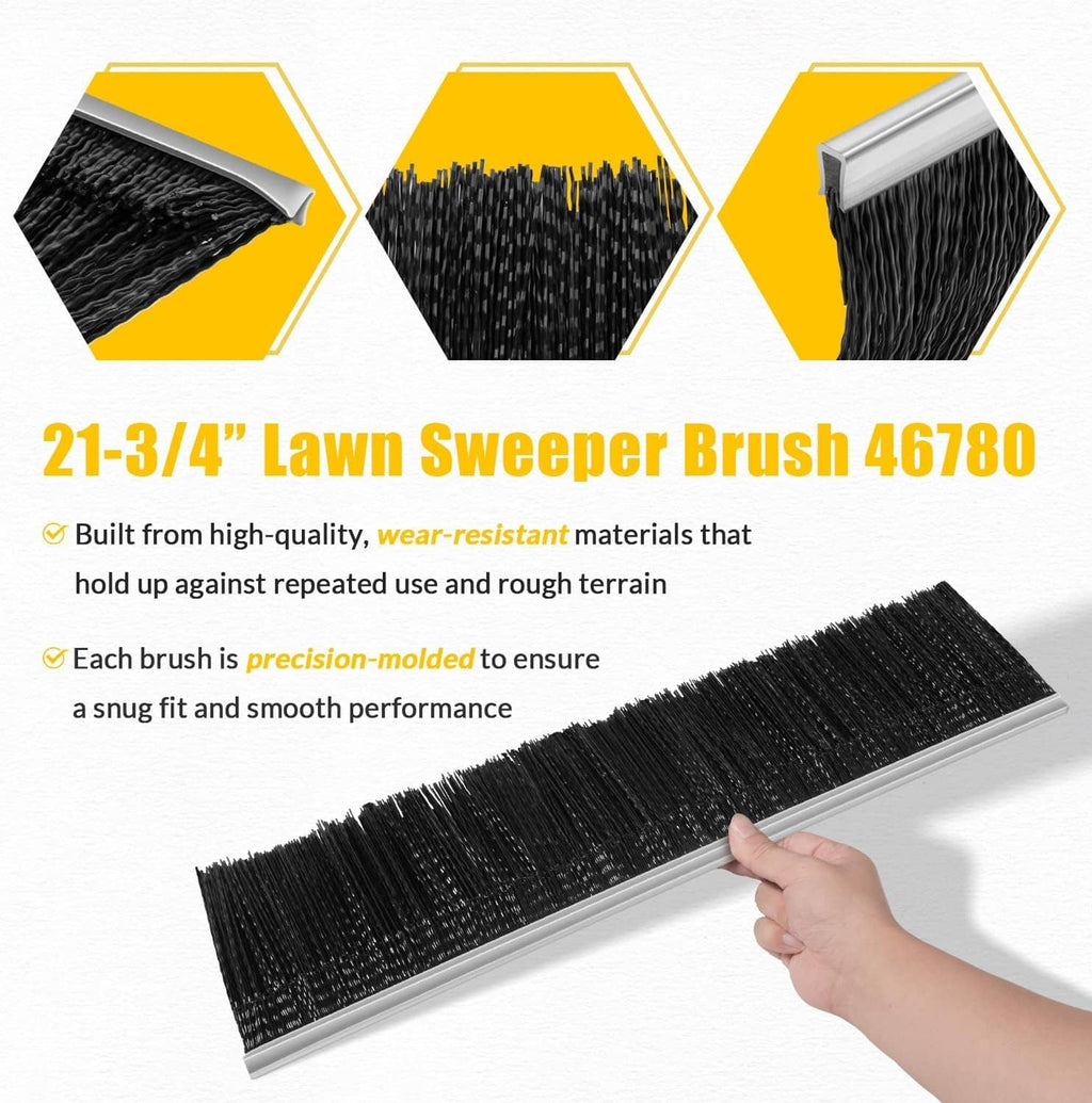 Lawn sweeper replacement brush with dense black bristles on gray mounting bar