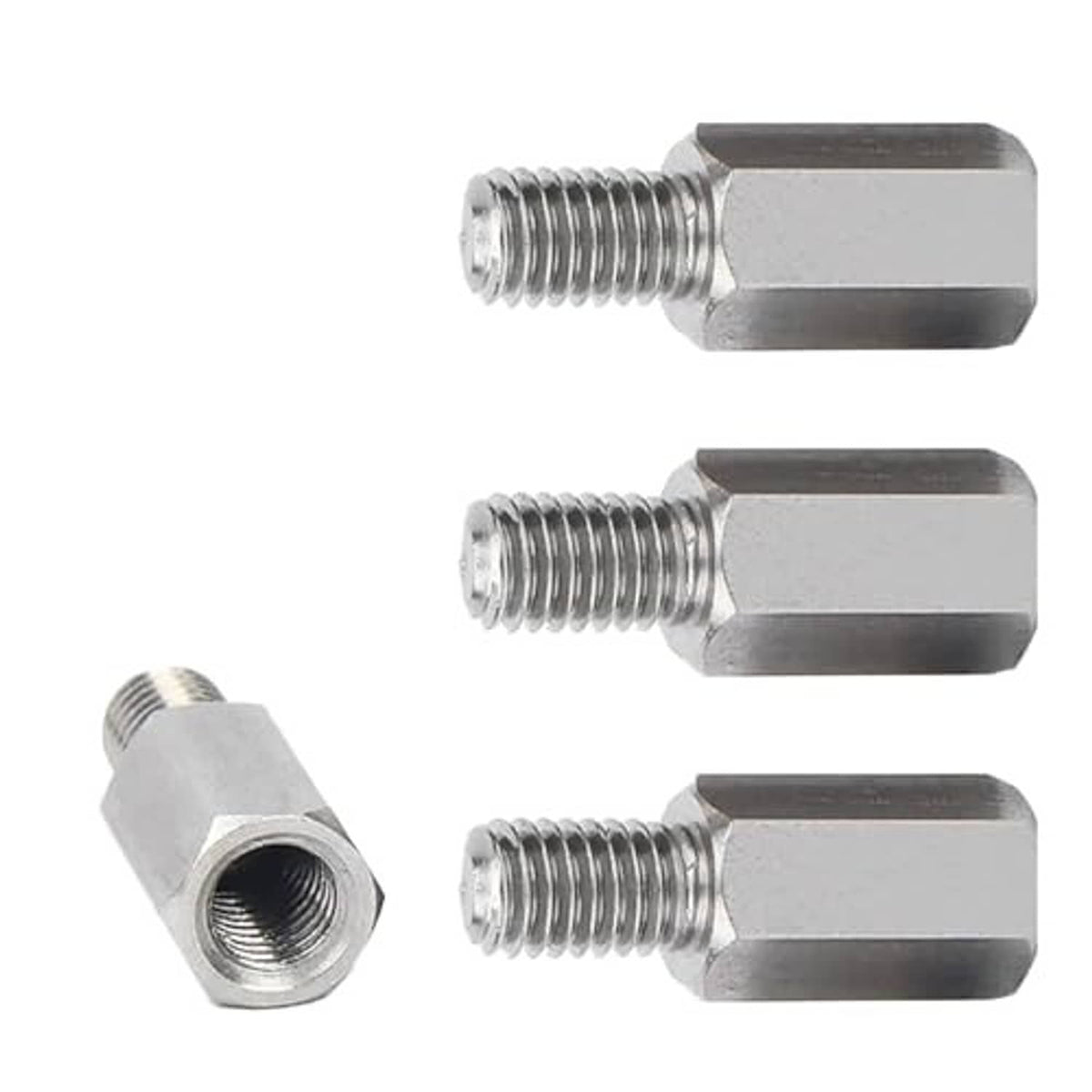 Metal spacer adapter set with threaded bolts, hex bases, and one socket nut