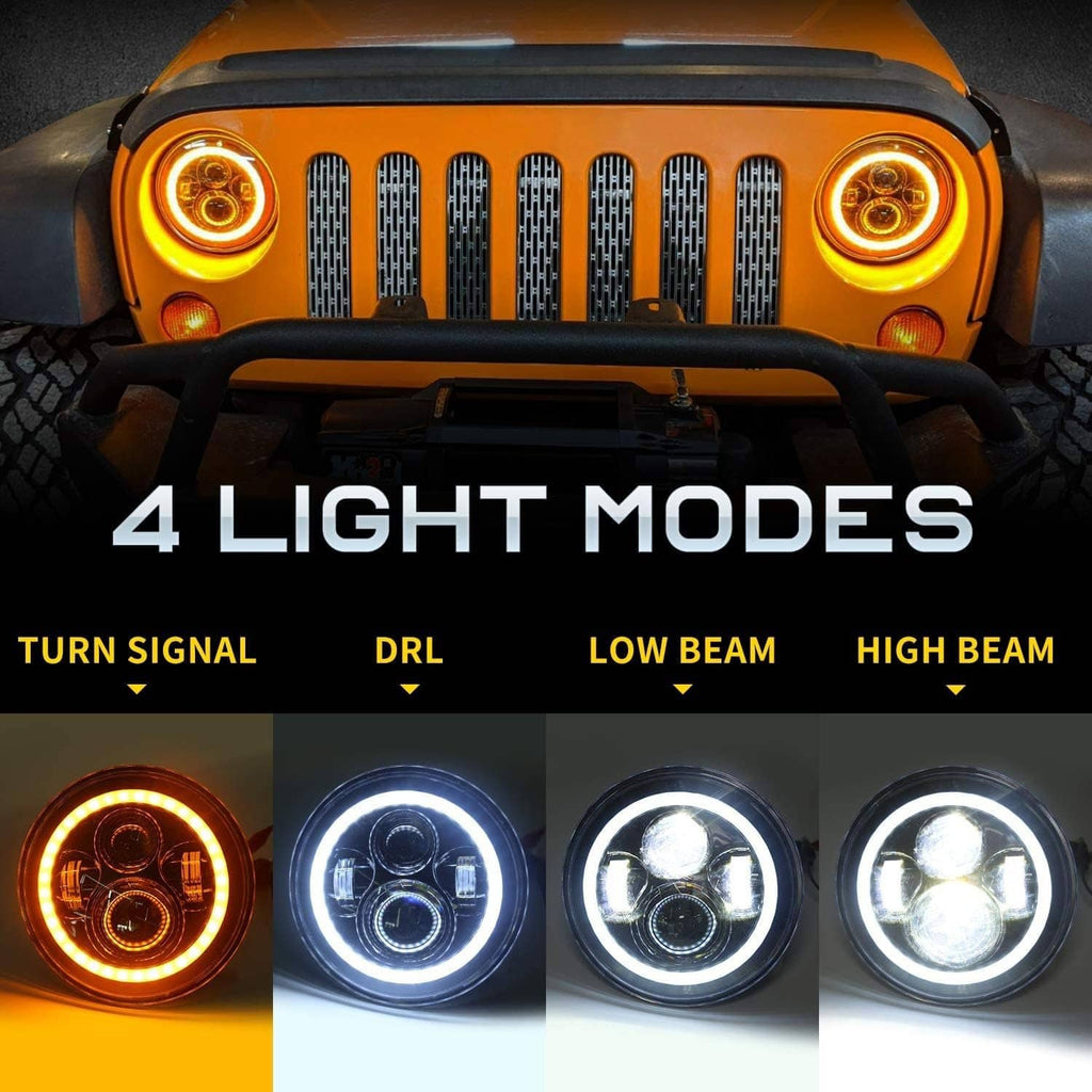 Jeep grille area with two round amber marker lights and vertical LED light bars, front view