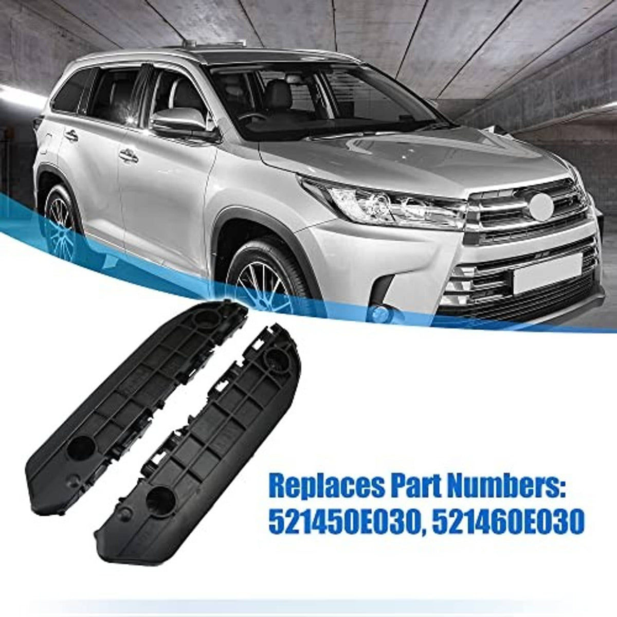 Two black front bumper mounting support brackets with round mounting points