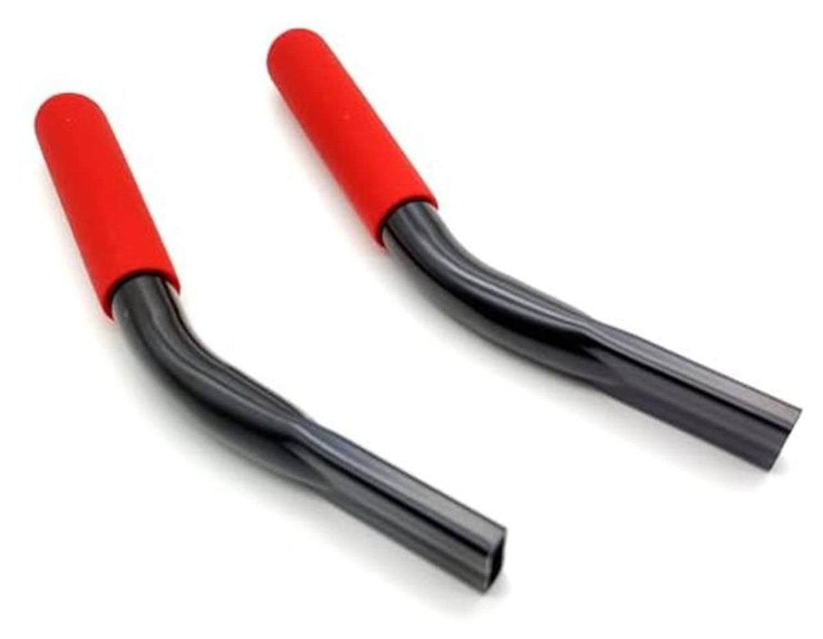 Wheelchair brake handle extensions with red grips and curved black base ends