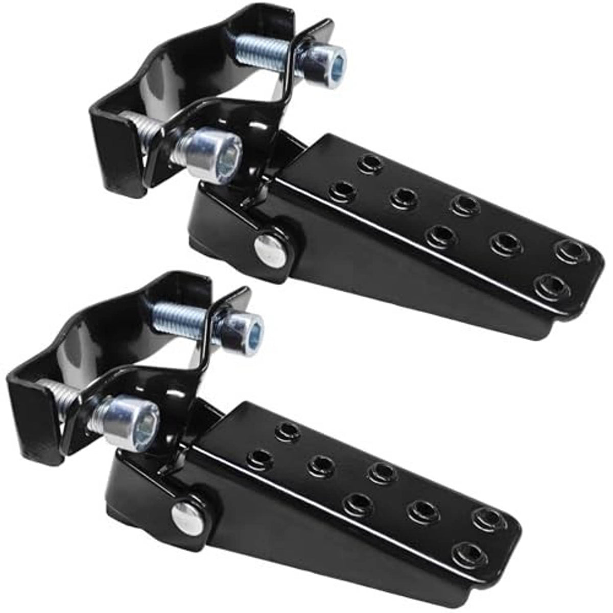 Set of foldable black metal clamp-on foot pedals with silver mounting hardware