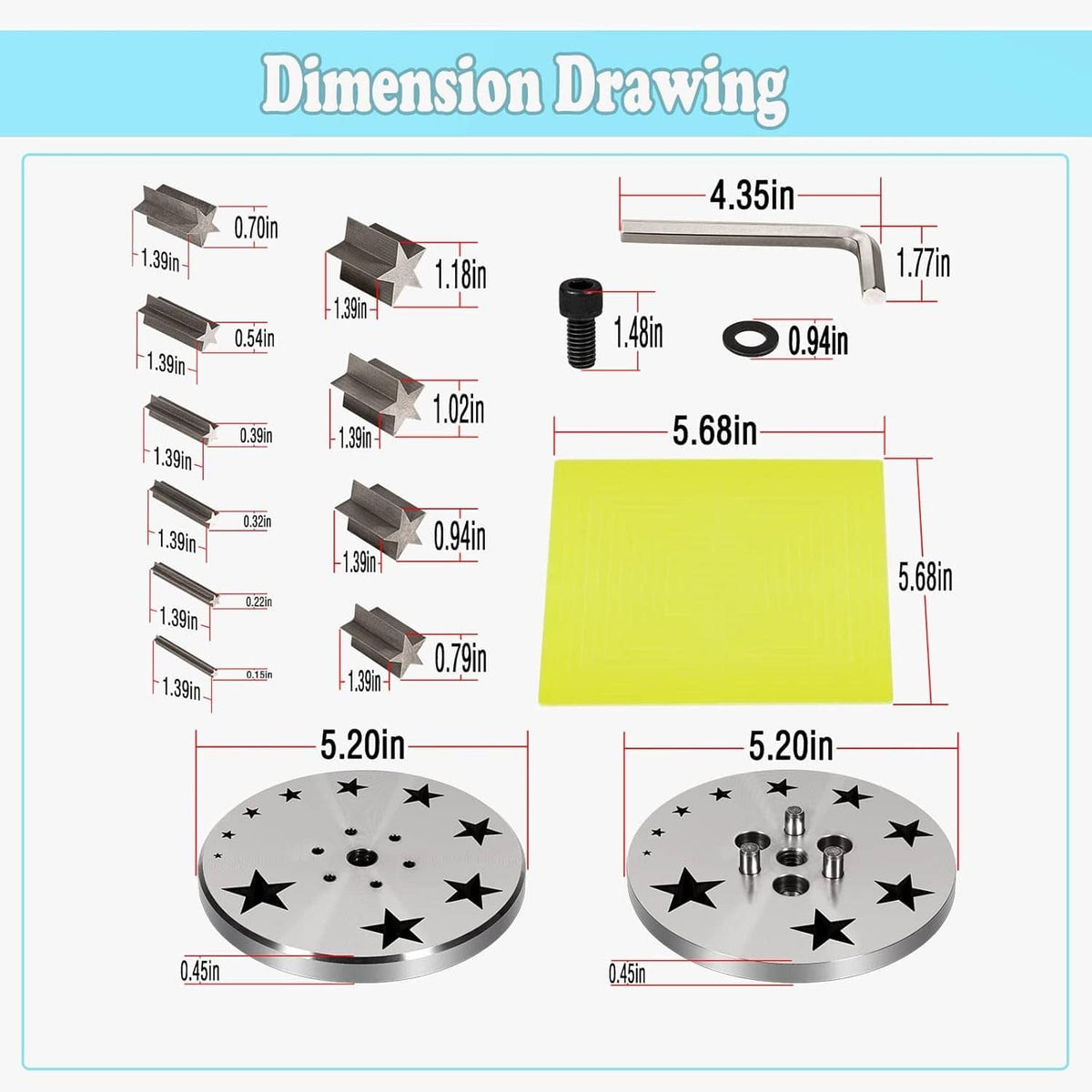 Star disc cutter dimension diagram showing disc, punches, and base plate sizes