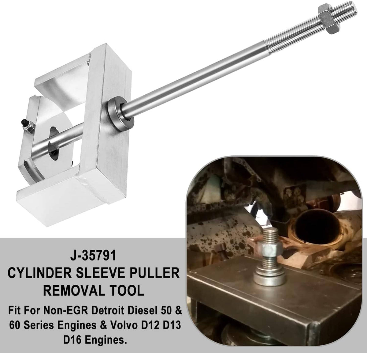 Cylinder sleeve puller tool with long threaded screw and metal clamp