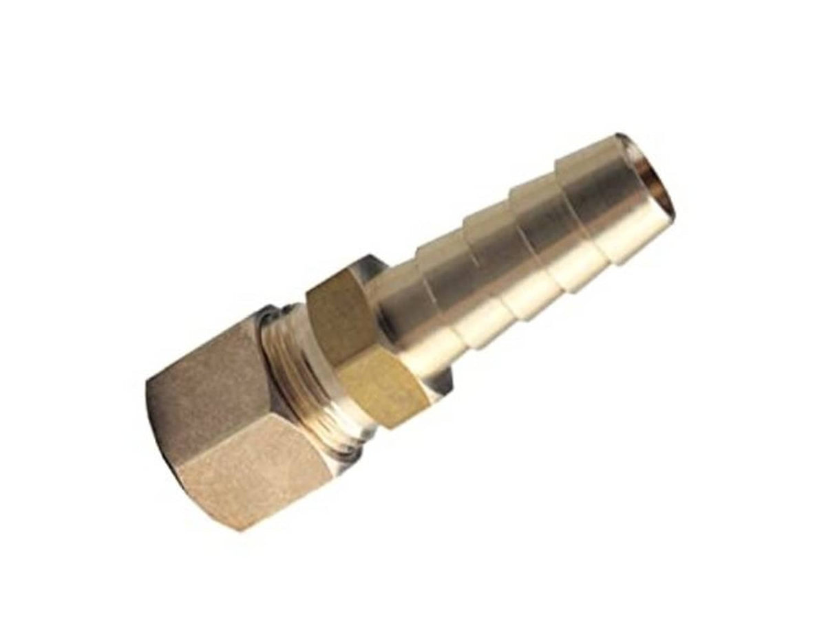 Brass automatic transmission cooler line fitting, 3/8 compression to 3/8 hose barb