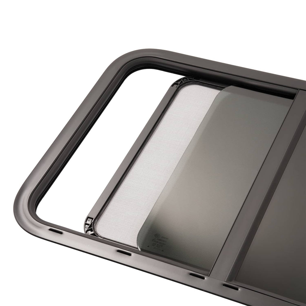 RV window horizontal slider with tinted glass panels and close-up of divider frame