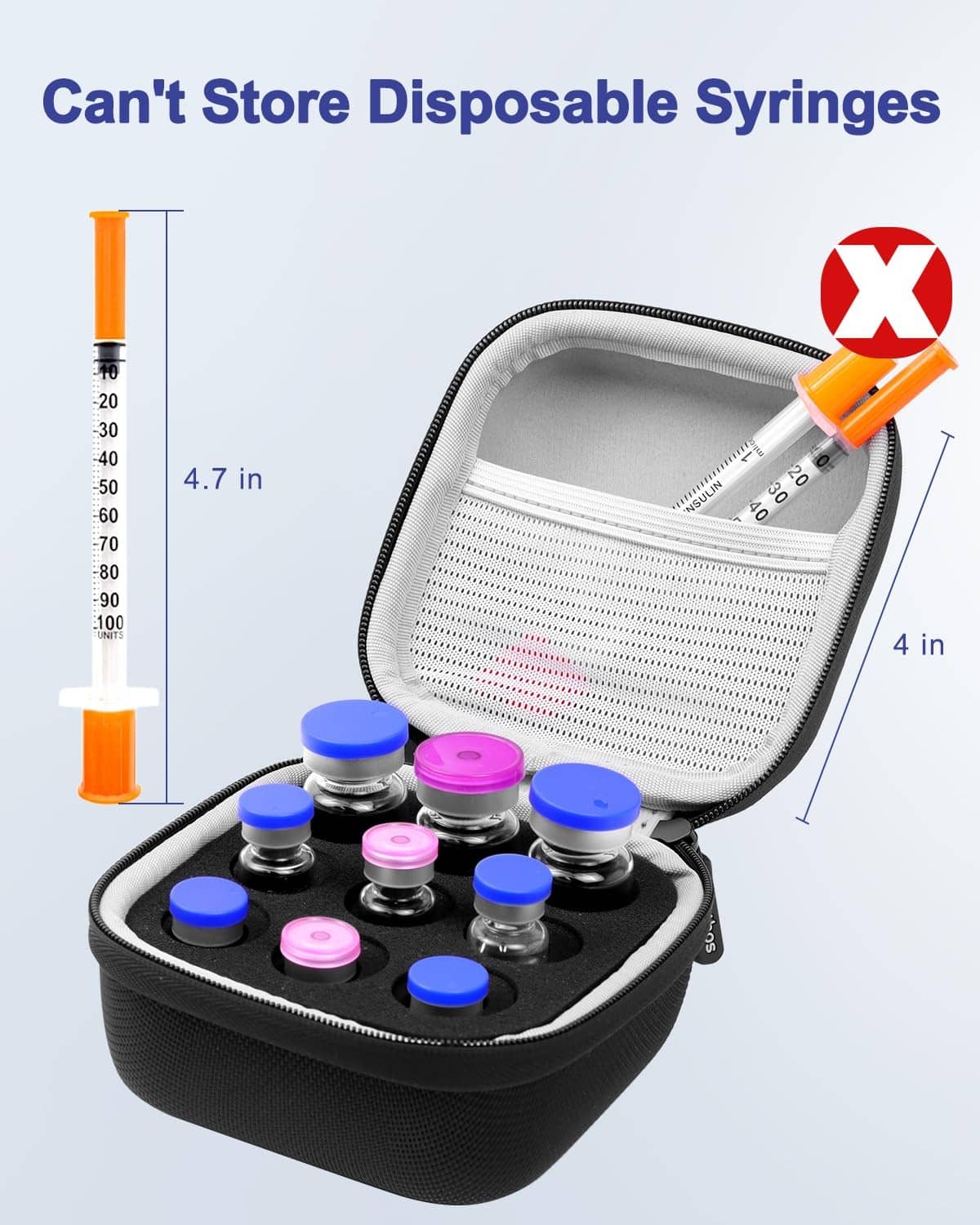 Black insulin vial organizer case filled with vials, open mesh lining, compact zipper top
