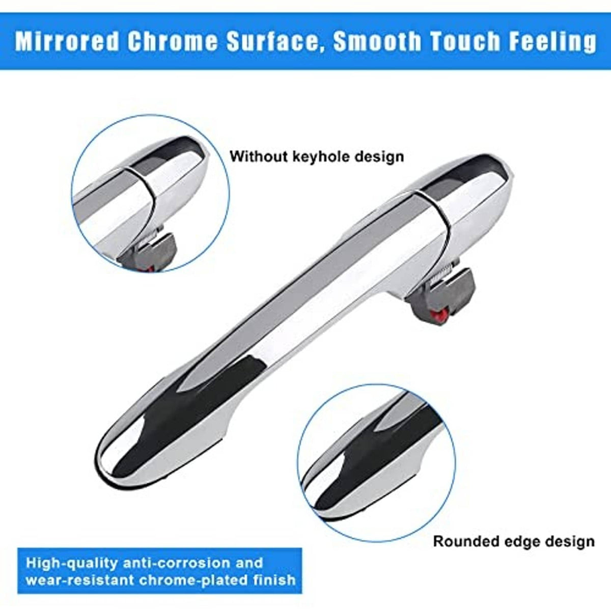 Chrome exterior door handle for right passenger side, smooth mirrored surface