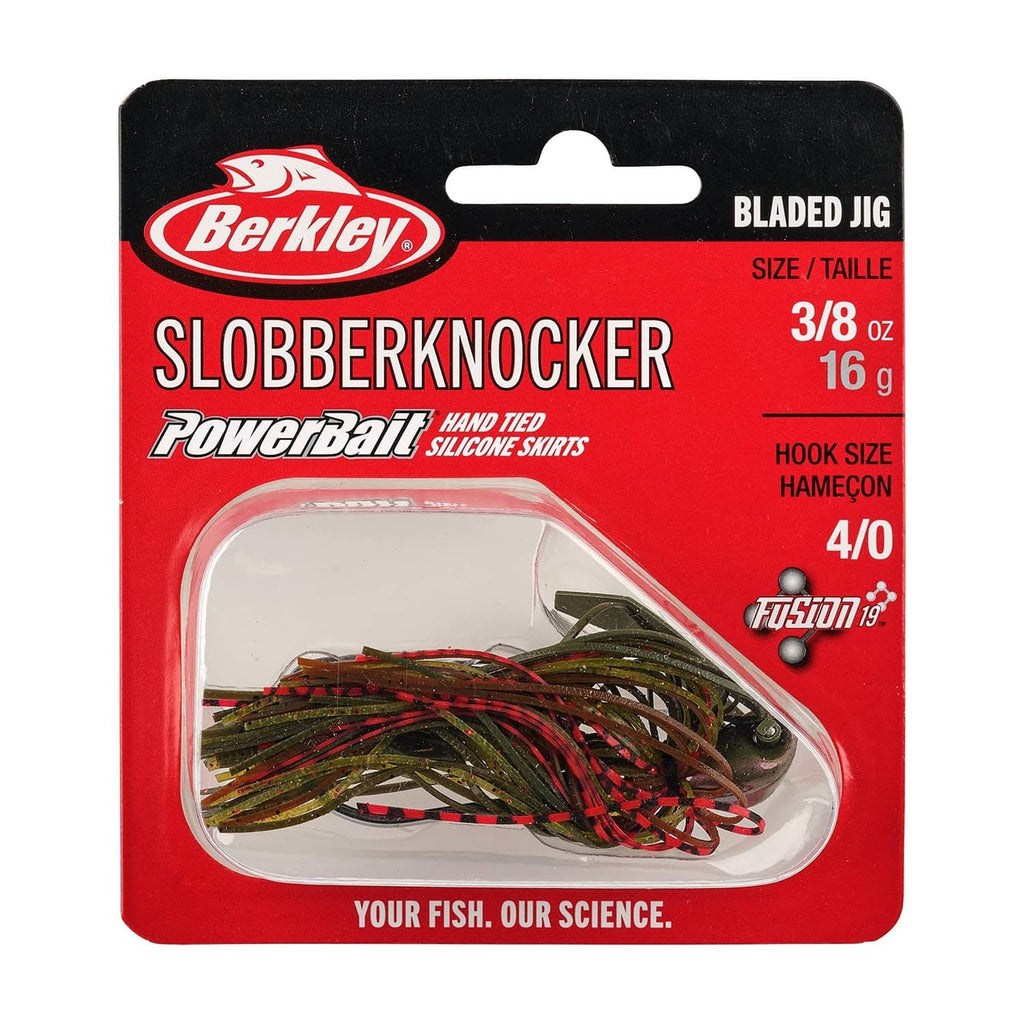 Berkley Slobberknocker bladed jig package card with olive-red skirt shown