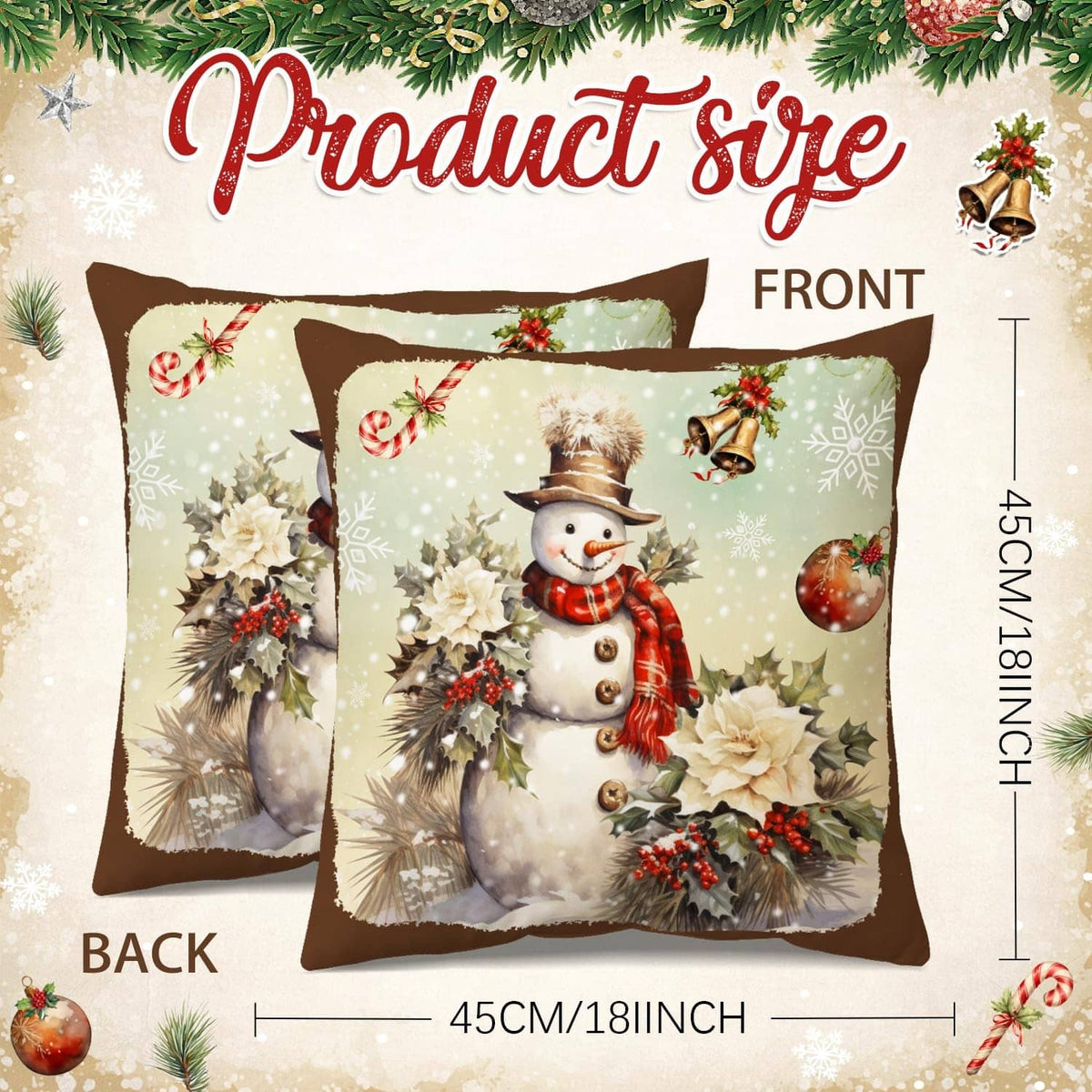 Christmas throw pillow cover with snowman, pinecones, ornaments, and floral accents