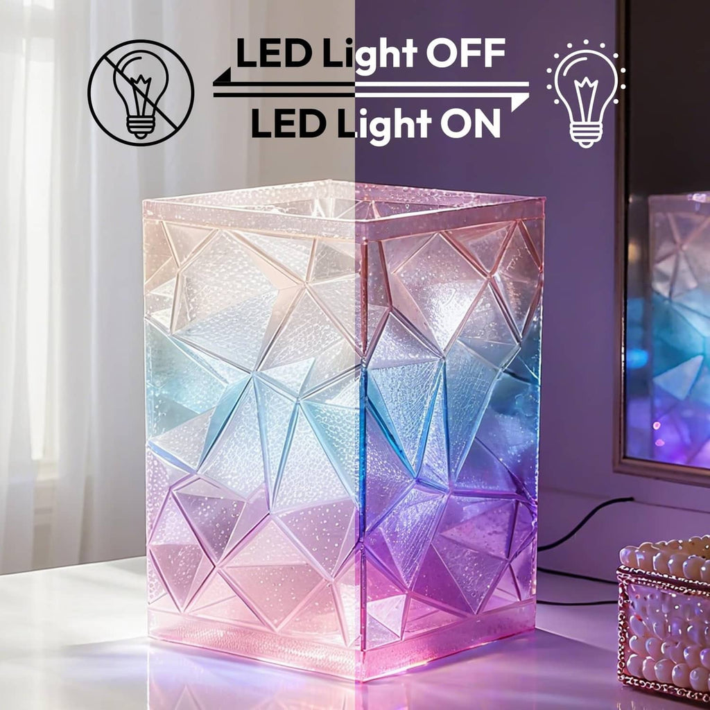 Translucent rainbow PLA cube with faceted geometric pattern, LED light on
