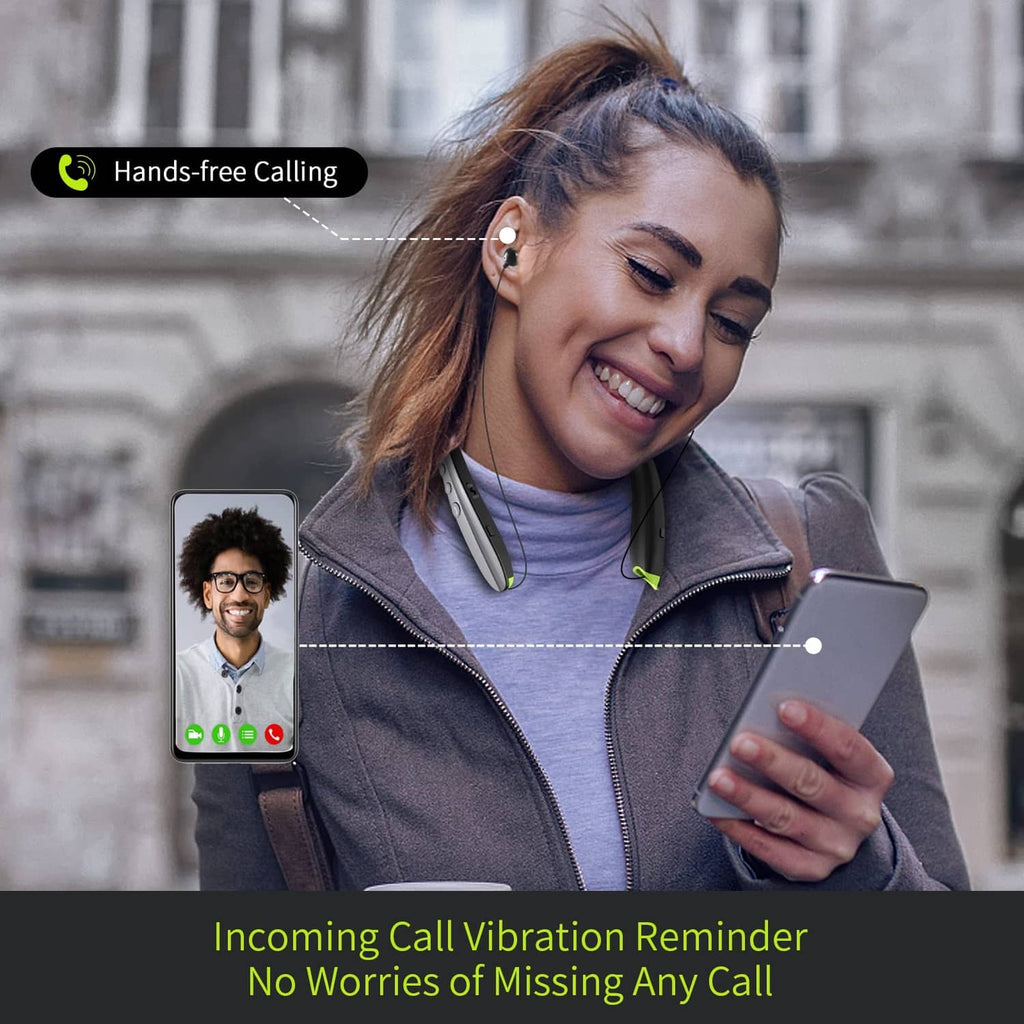 Grey neckband Bluetooth headset worn by a woman for hands-free calling, green indicator lights.